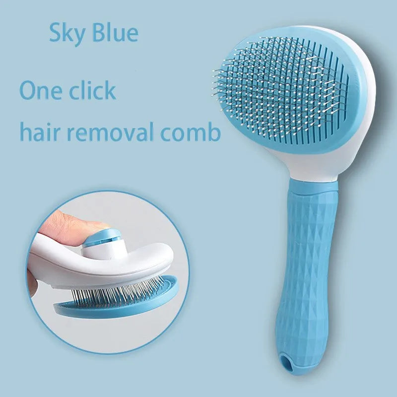 A light blue hair removal comb with a white handle is shown next to an inset image of the brush head.