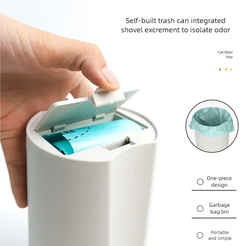 A hand is shown using a white plastic container with an integrated tool to remove cat litter and isolate odor.