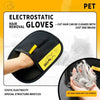 A hand is using a black electrostatic hair glove to remove cat hair, demonstrating its use for pet hair removal.