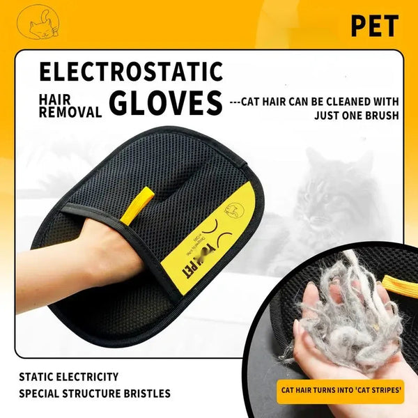 Eine Hand verwendet eine schwarze elektrostatische Haube, um Katzenhaare zu entfernen.