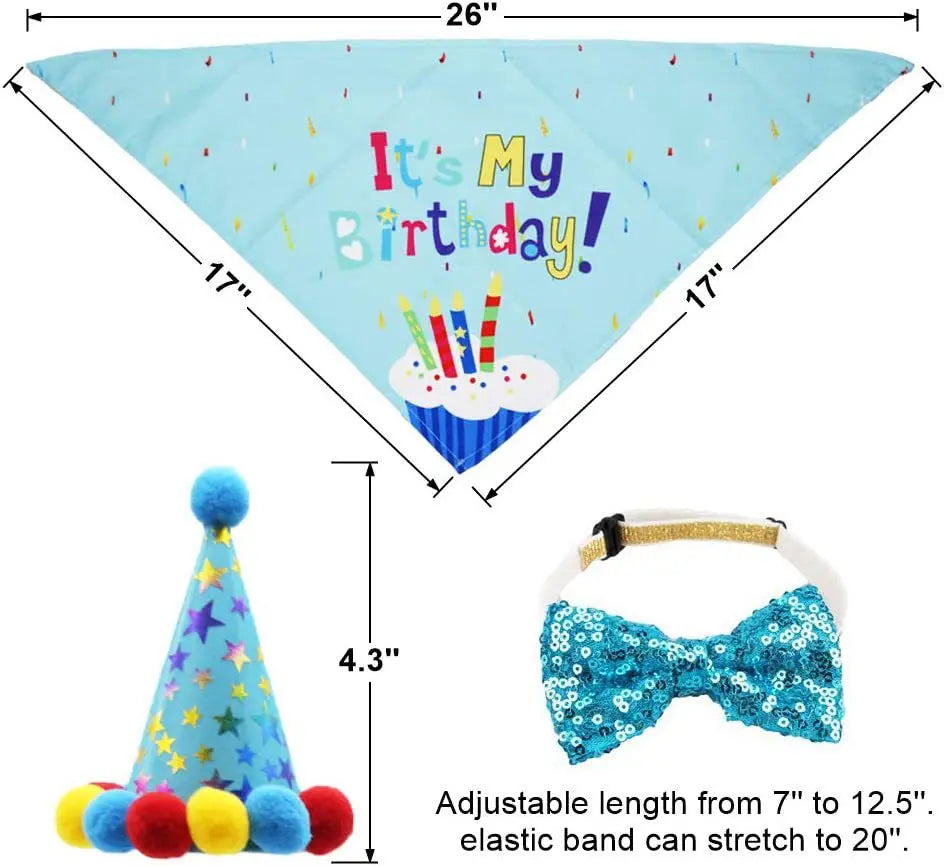 A light blue pet birthday outfit featuring a large text design and a decorative party hat.