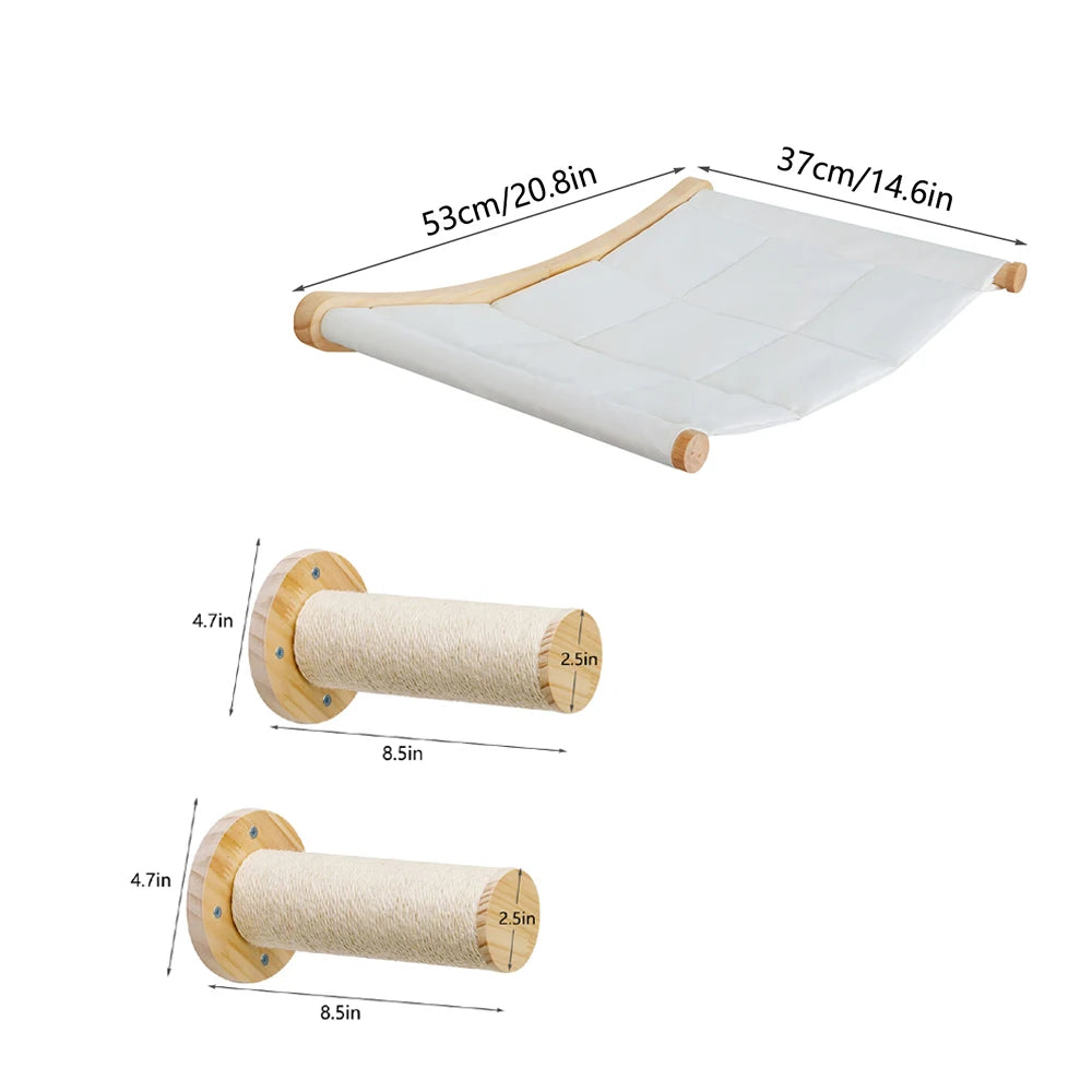 Wall mounted cat hammock and climbing shelf set with white fabric and wooden supports