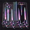 A set of professional stainless steel pet grooming scissors and combs displayed in a black case.