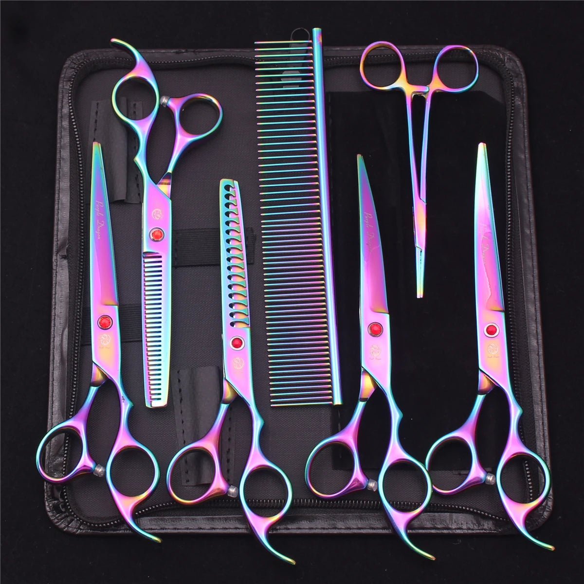 A set of professional stainless steel pet grooming scissors and combs displayed in a black case.