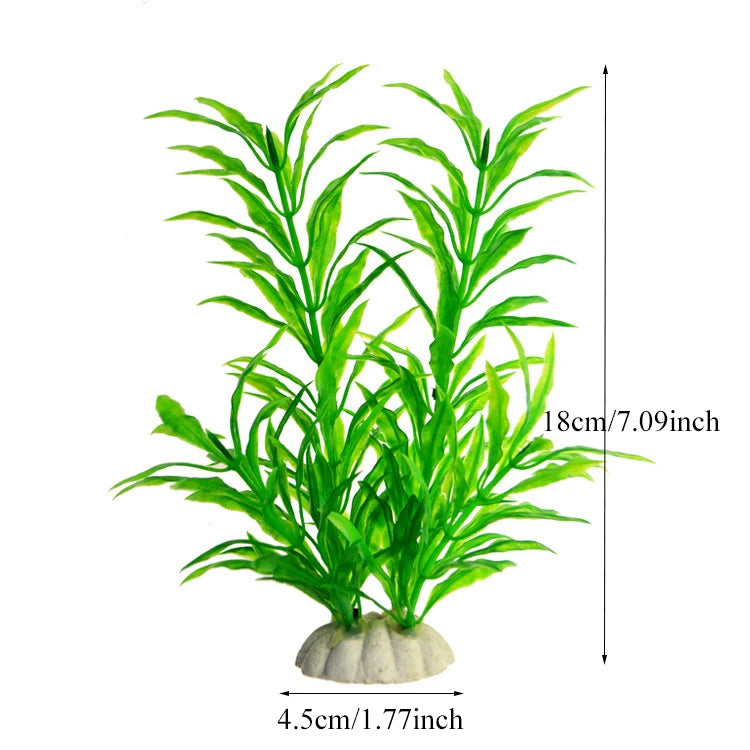 Plante aquatique artificielle vert vif avec des tiges feuillues hautes, présentée dans un pot.