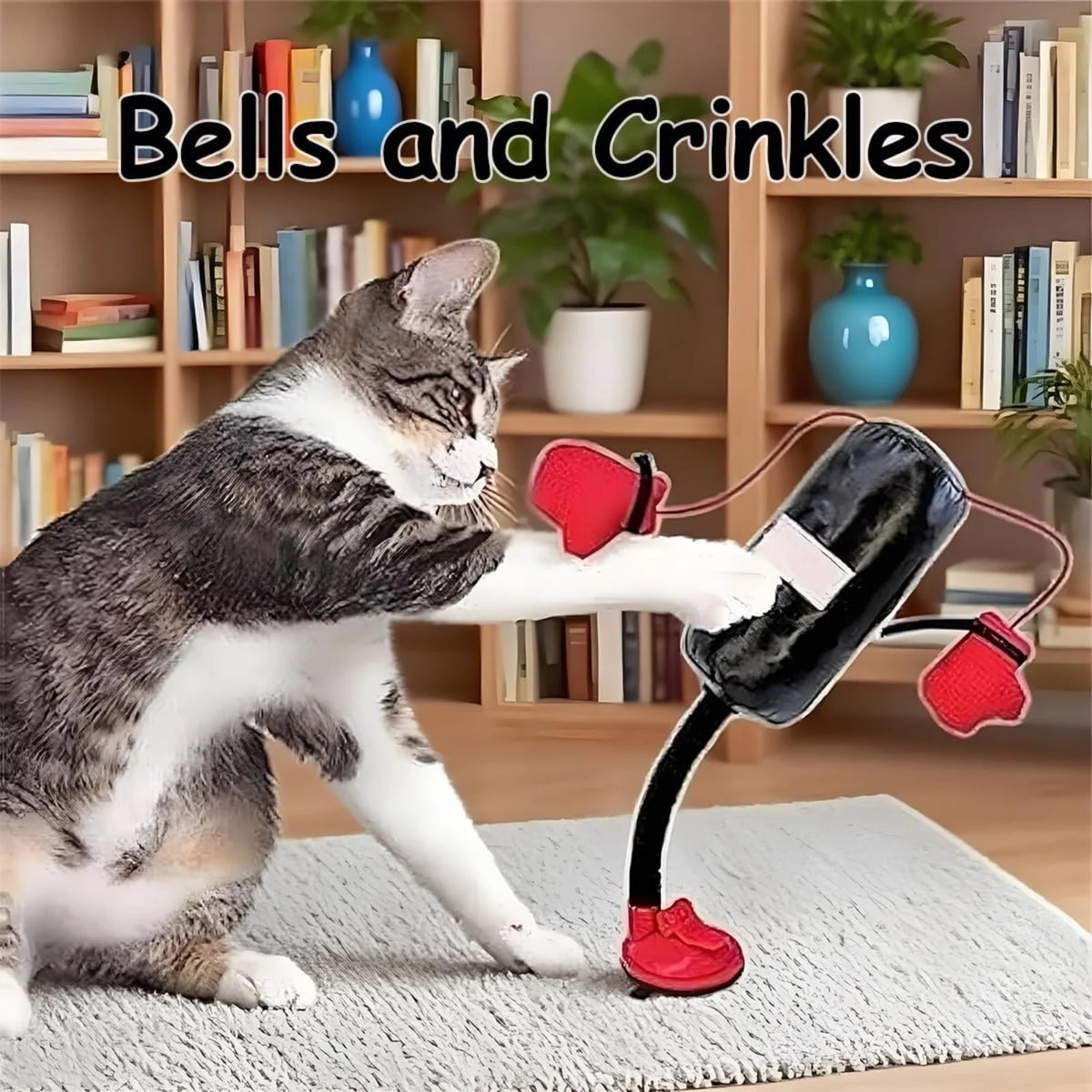 Eine Streifkatze interagiert mit einem schwarz-roten interaktiven Spielzeug zum Boxen oder Knistern.