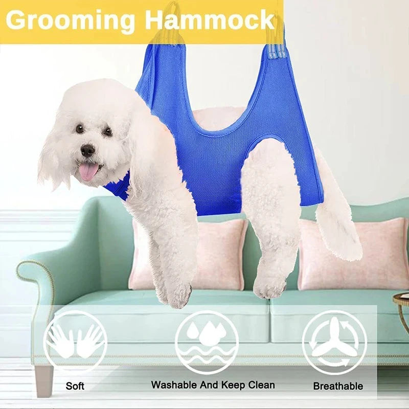 Un chien blanc se repose dans une hamac de toilettage bleue sur un canapé vert clair, montrant la sangle pour animaux.