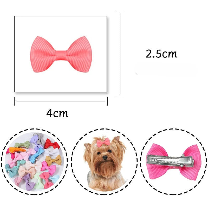 Pink bow-shaped pet hair clips for dogs and cats shown with various colors