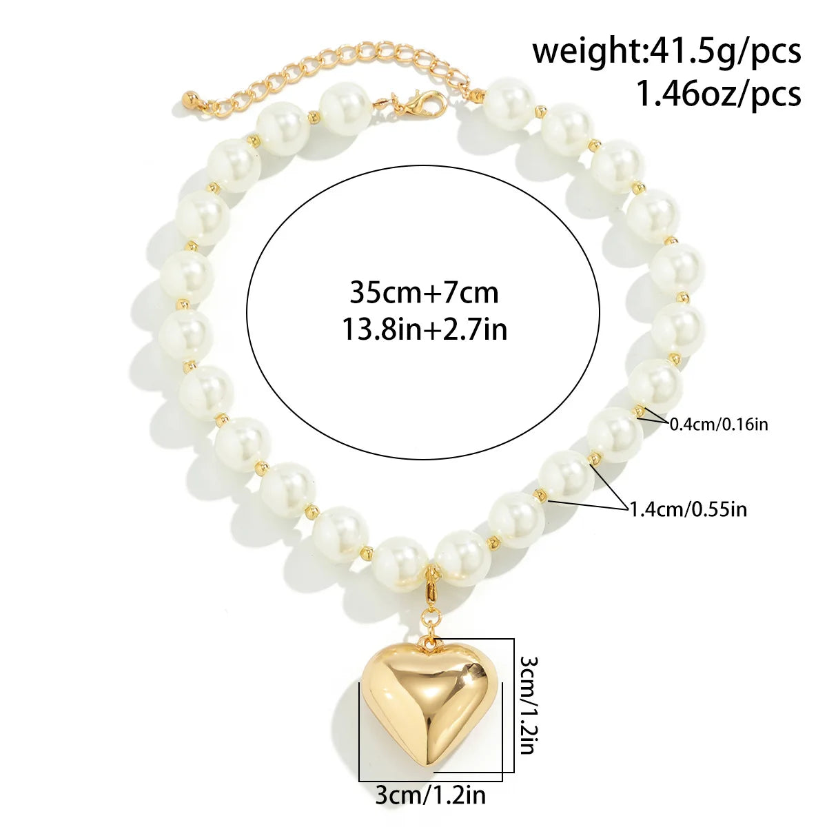 Gold-toned pearl choker necklace featuring a heart pendant and a beaded chain.