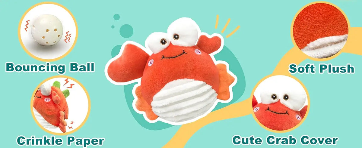 A collection of toys including a bouncing ball, crinkle paper, and a cute crab cover.