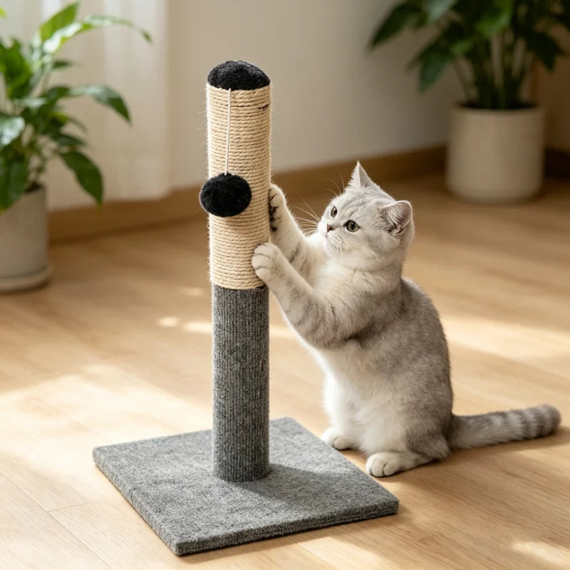 A gray cat is interacting with a minimalist sisal scratching post placed on a rug indoors.