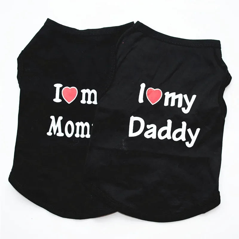 Black print vest for dogs or kittens featuring text I love my Mom and I love my Daddy
