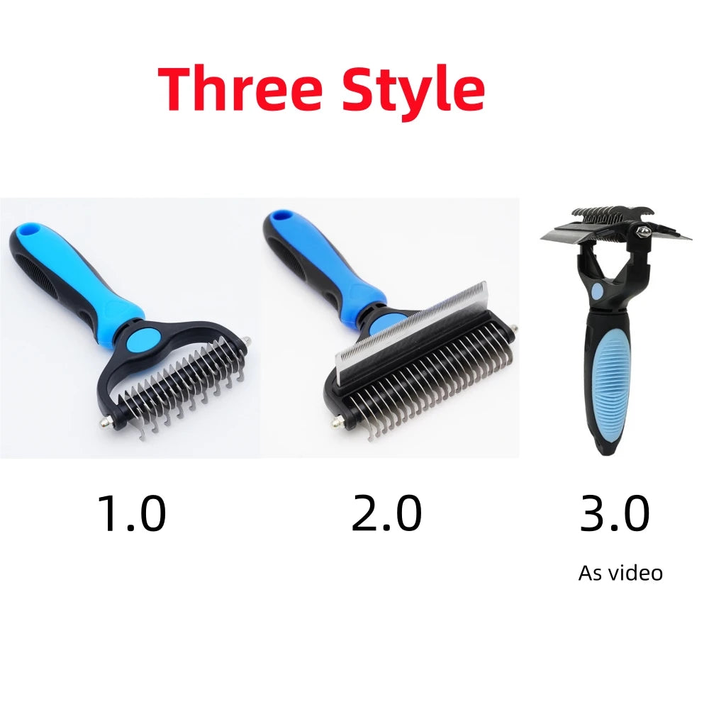 Three style deshedding brush for dogs and cats shown in three versions 1.0, 2.0, and 3.0