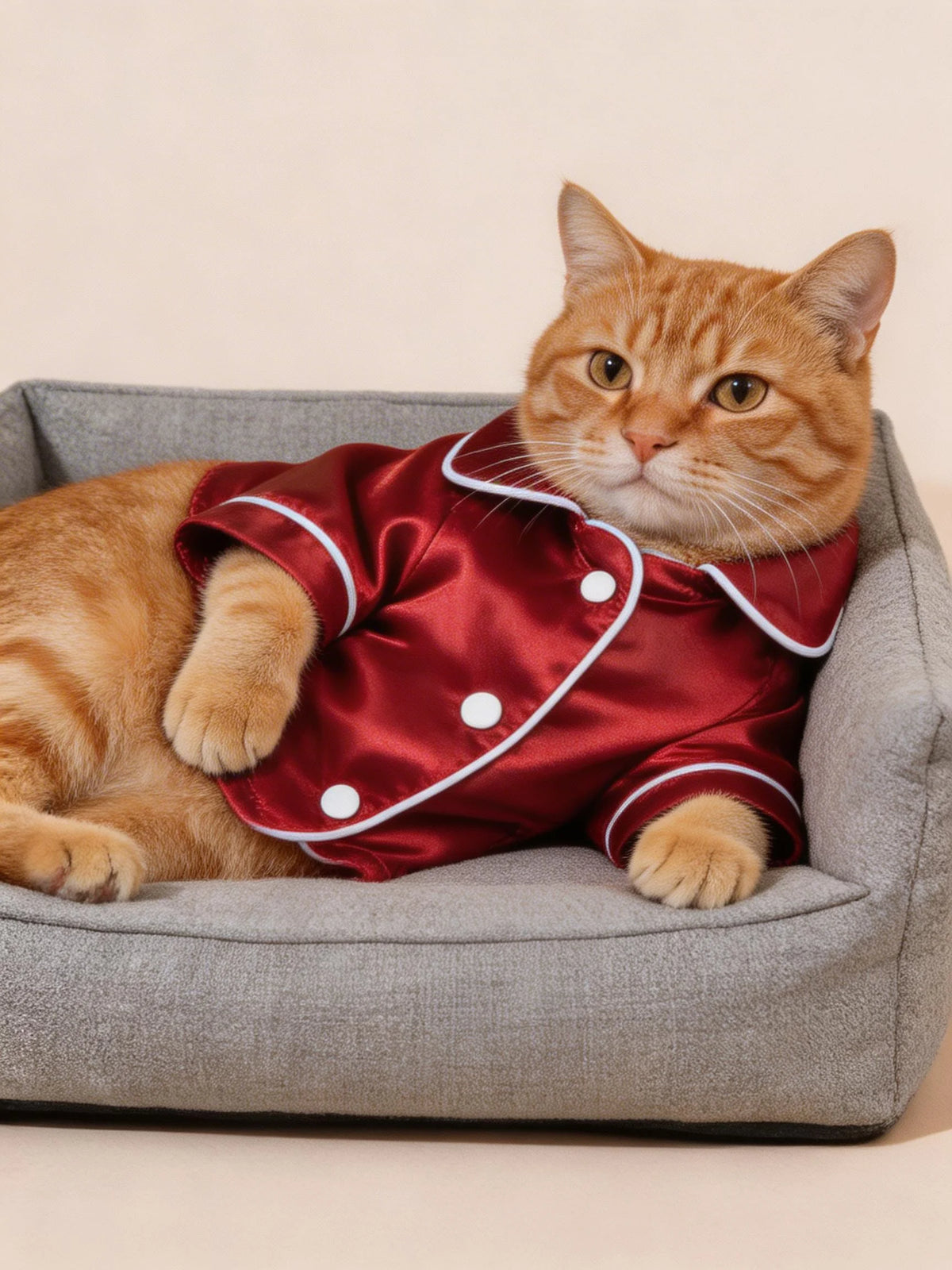 Un gato atigrado naranja vistiendo una camisa de satén roja con lunares blancos y un cuello blanco, sentado en una caja gris.