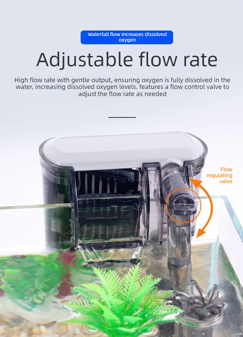 Adjustable flow rate water filter system with a flow regulating valve filtering water for an aquarium