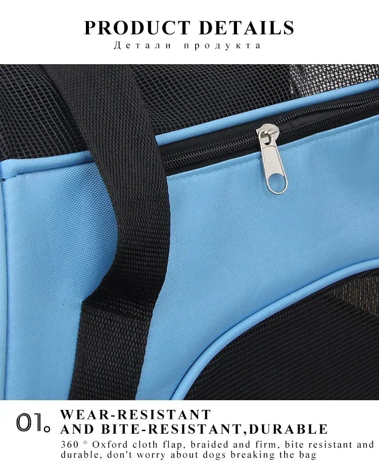 Close-up of a blue and black breathable mesh pet carrier bag showing a zippered compartment and strap details.