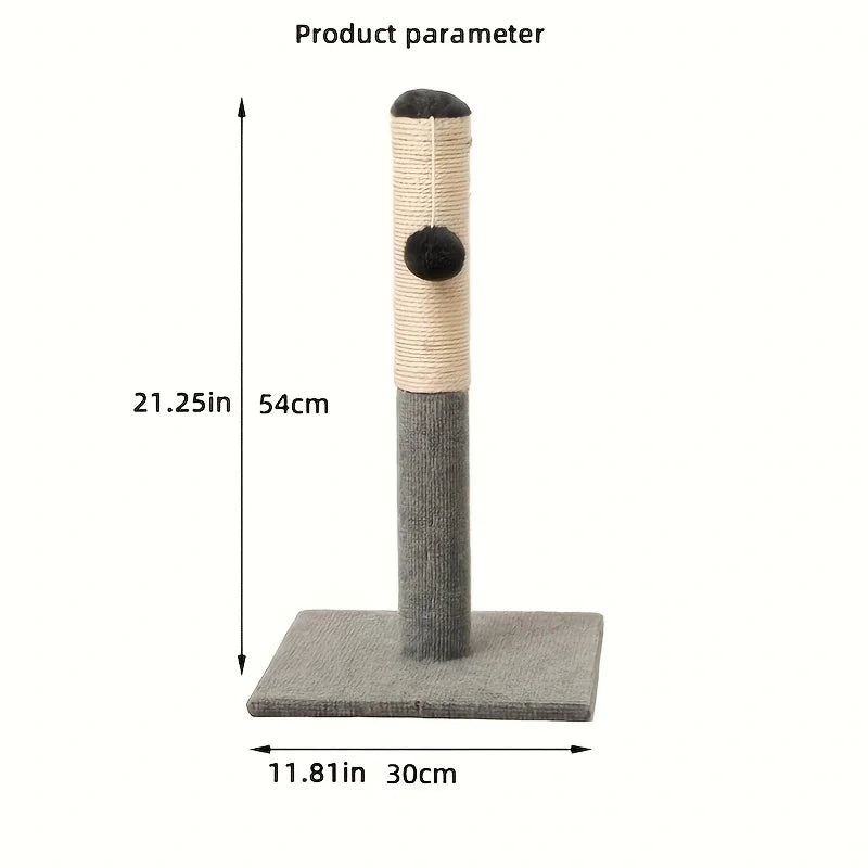 A tall, cylindrical sisal cat scratching post with a dark ball on top and a gray base.