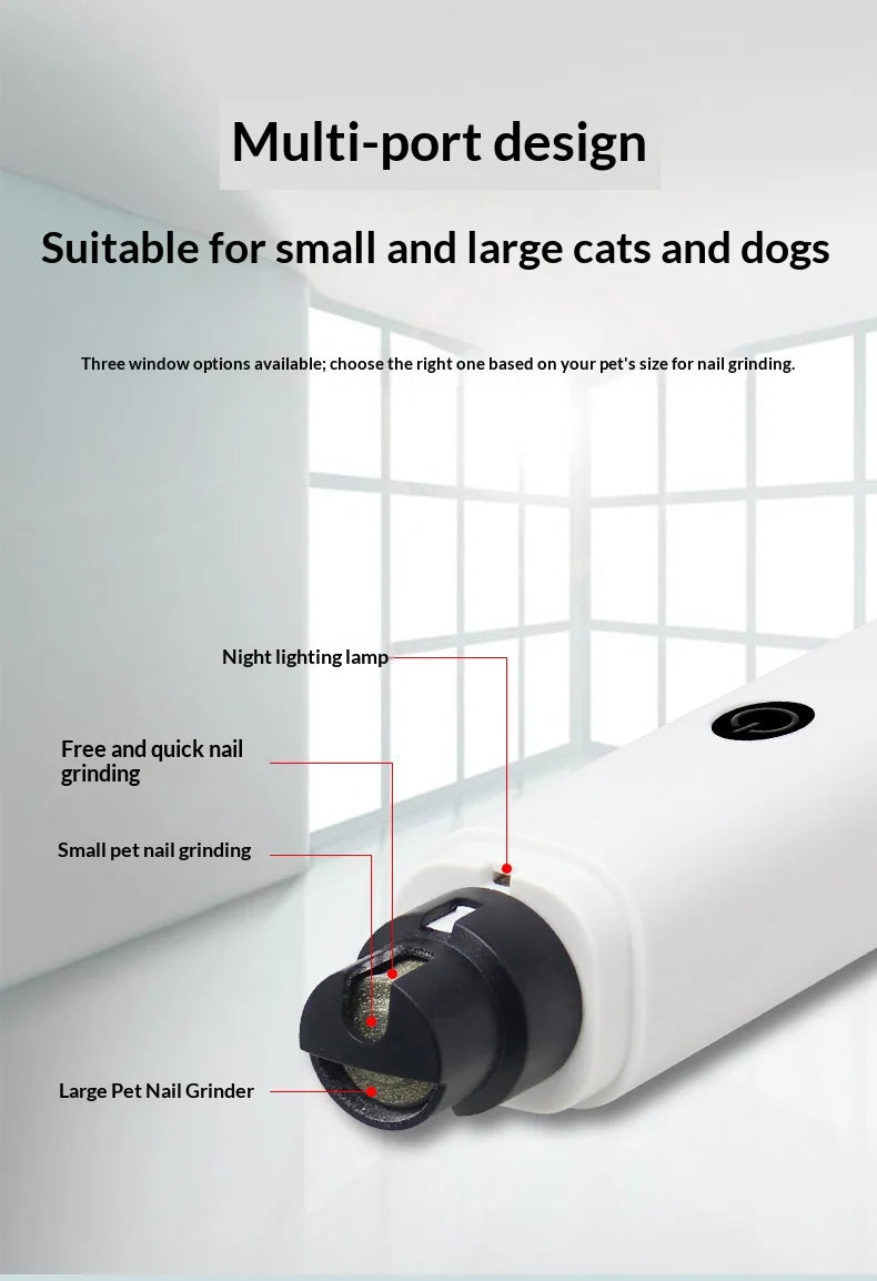 A white multi-port pet nail grinder device shown with different grinding options for small and large pets.