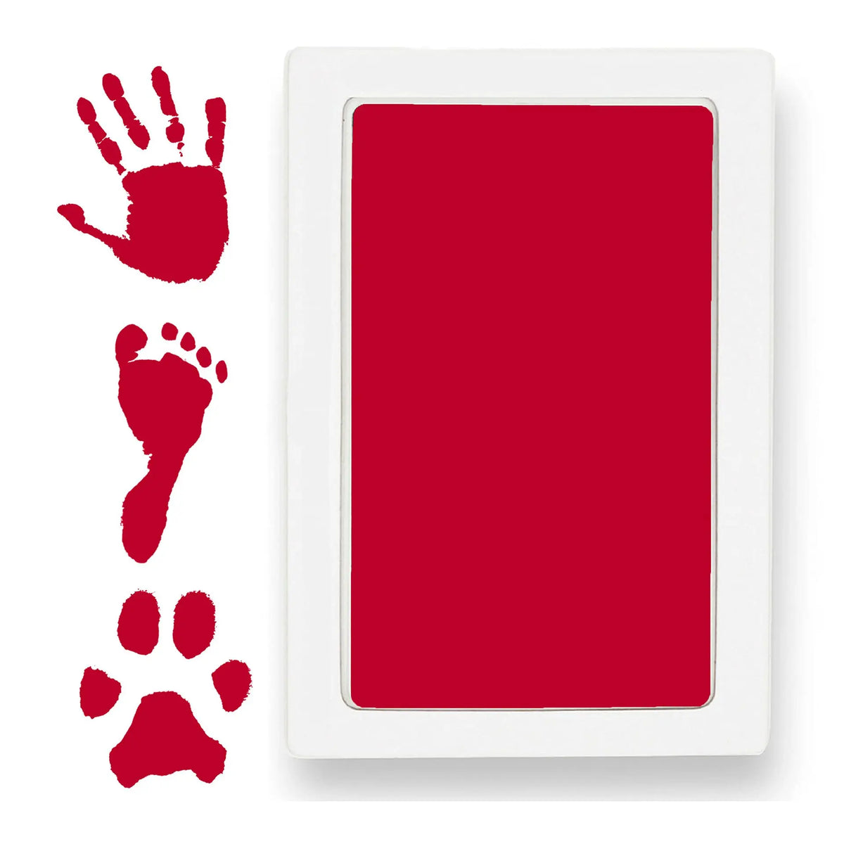 Un kit rectangulaire blanc contenant quatre empreintes de pattes d'animaux rouges pour souvenirs.