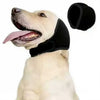 A light-colored dog wearing a black calming noise reduction earmuff on its head.