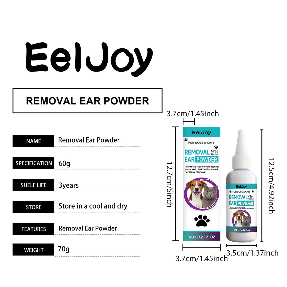 Glas mit Jar für EelJoy Entfernungspuder für Hunde und Katzen mit Produktspezifikationen