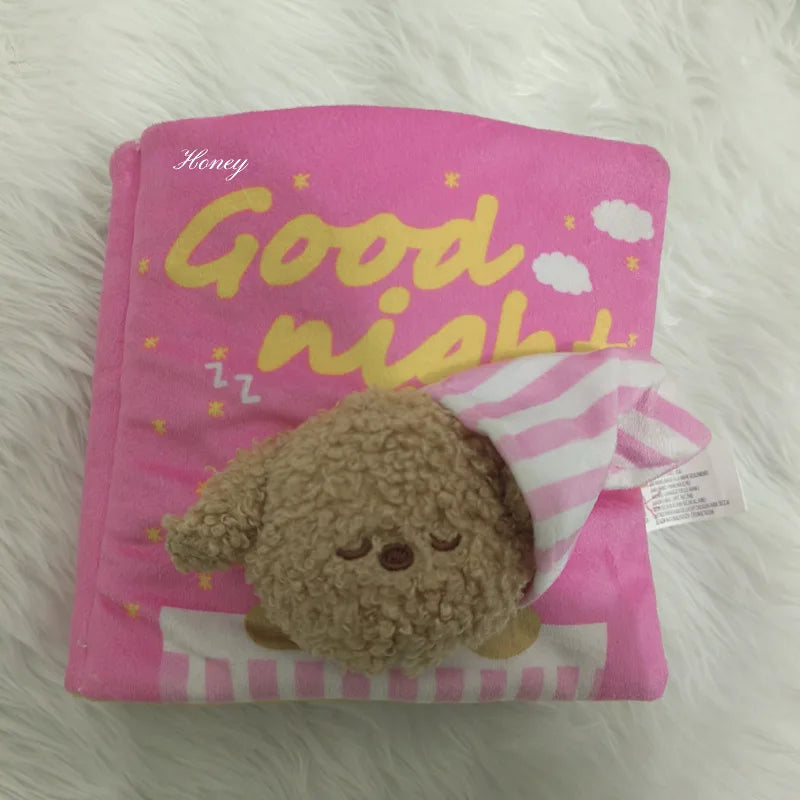 Pink snuffle book toy with a brown dog plush inside, designed for slow feeding and puzzle enrichment.