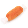 An orange soft plush squeaky dog toy with white ends.