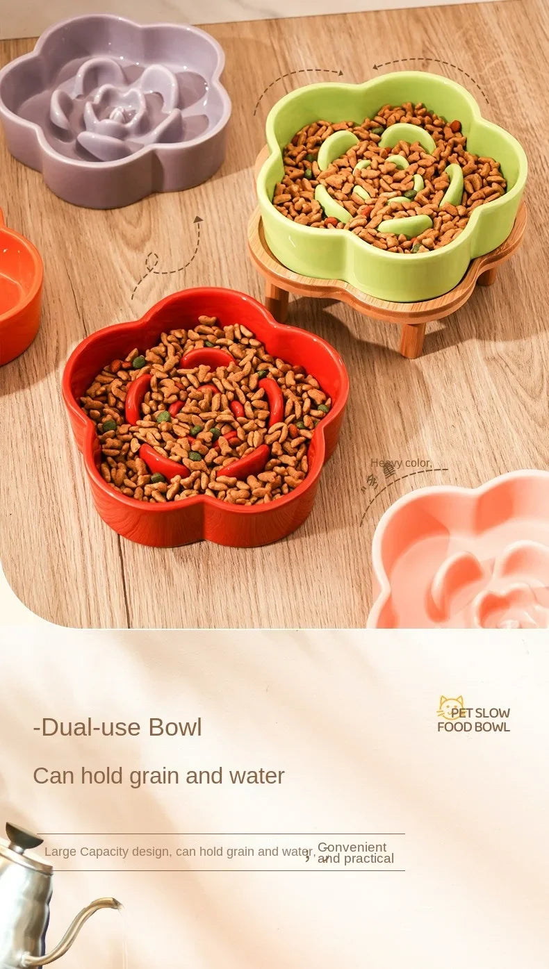 A set of dual-use ceramic bowls for pets, including a green bowl and an orange bowl, shown with grain inside.