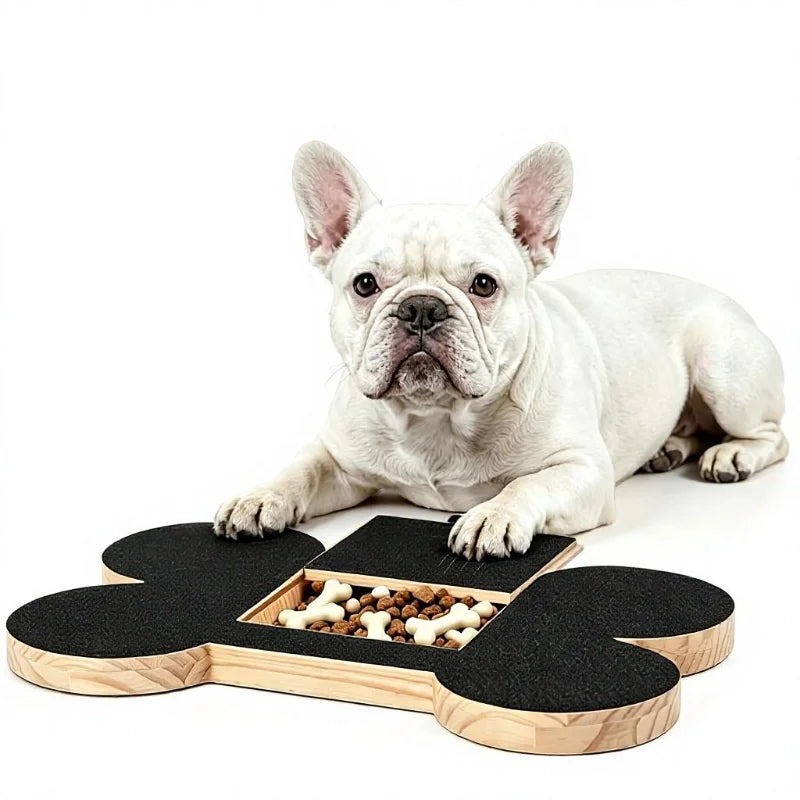 Ein hellfarbiger Französische Bulldogge liegt auf einem Holzspielzeug mit Leckerlis.