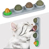 A cat licking edible catnip balls in a specialized dental health and play device.