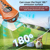 An orange ultrasonic device is shown covering a 180 degree emission surface over a grassy outdoor scene.