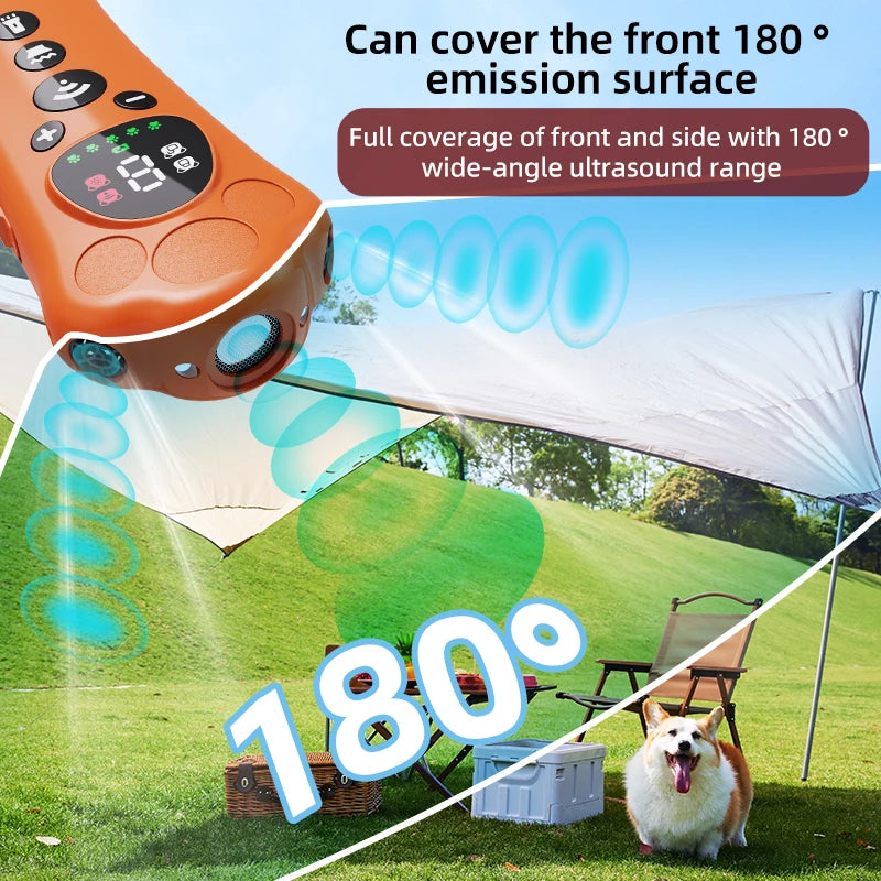 An orange ultrasonic device is shown covering a 180 degree emission surface over a grassy outdoor scene.