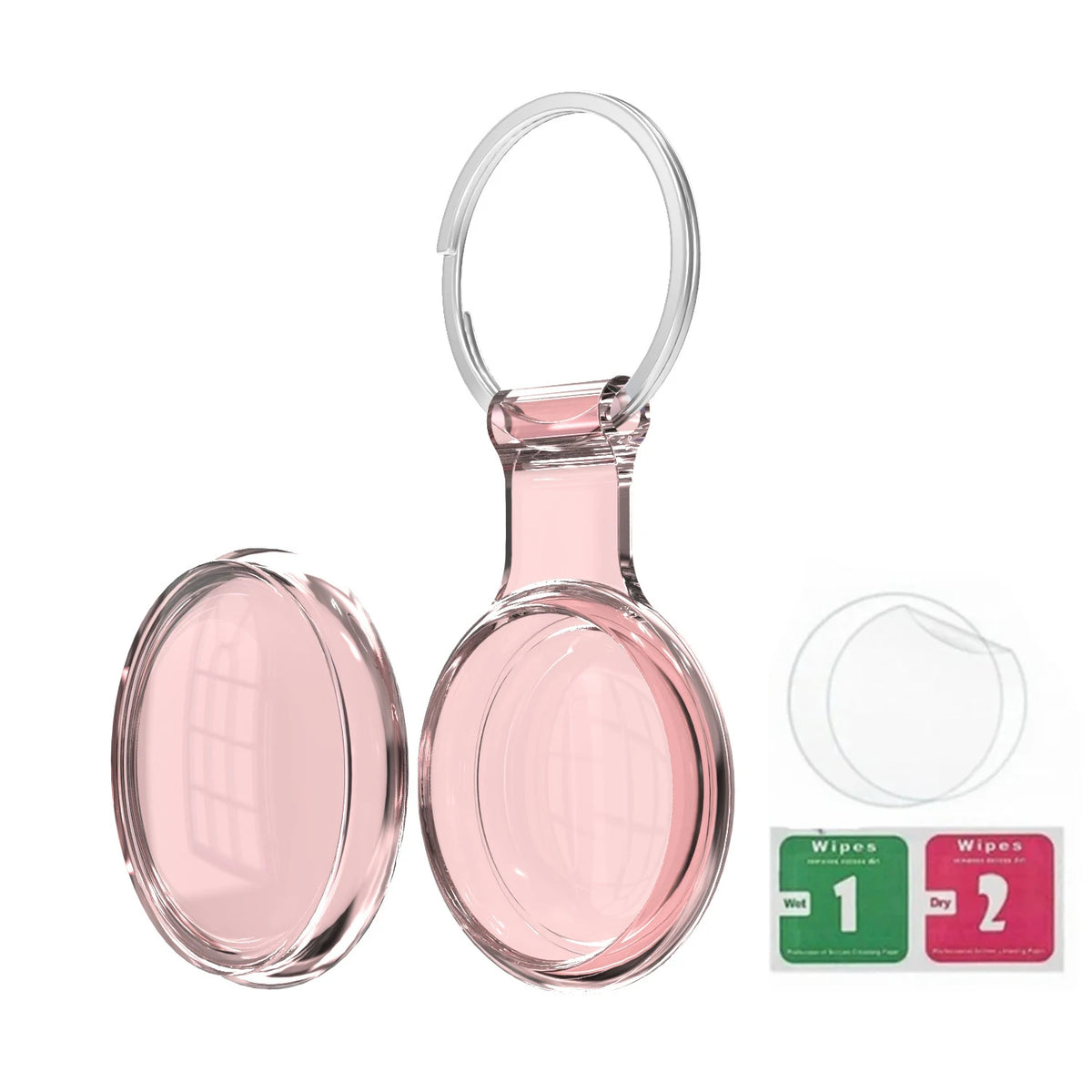 Clear silicone protective cover for an AirTag with a keychain loop and two cleaning wipes