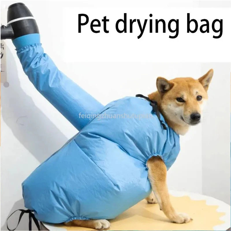 A blue foldable pet drying bag is shown being used to dry a dog's leg.