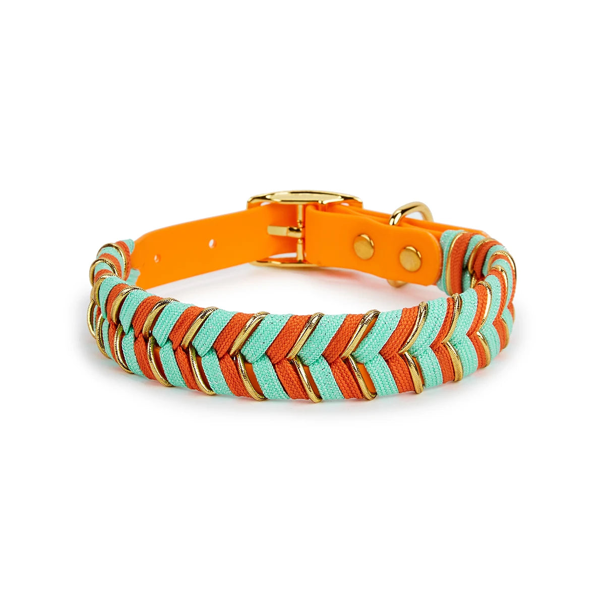A colorful handmade dog collar featuring braided orange, teal, and brown threads with a gold buckle.