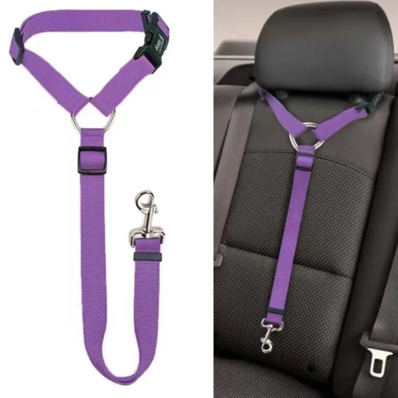 Purple adjustable two-in-one dog harness and leash attached to a car seat
