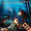 A person uses an ultrasonic dog bark deterrent training device to illuminate the dark night while near a dog and a campfire.