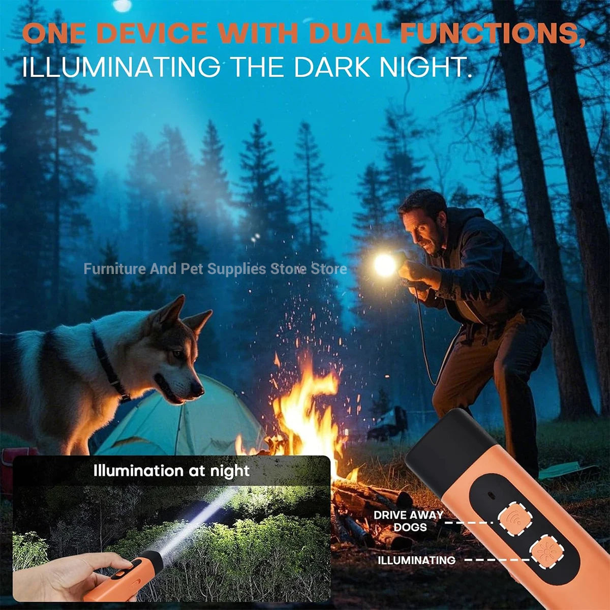 A person uses an ultrasonic dog bark deterrent training device to illuminate the dark night while near a dog and a campfire.
