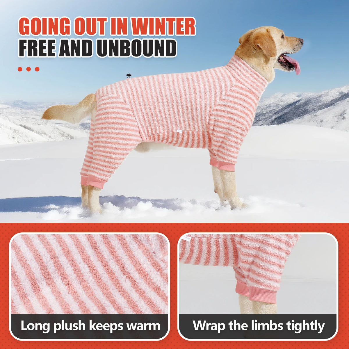 Un perro dorado vistiendo un traje de invierno de polar a rayas rosa y blanco al aire libre en condiciones de nieve.