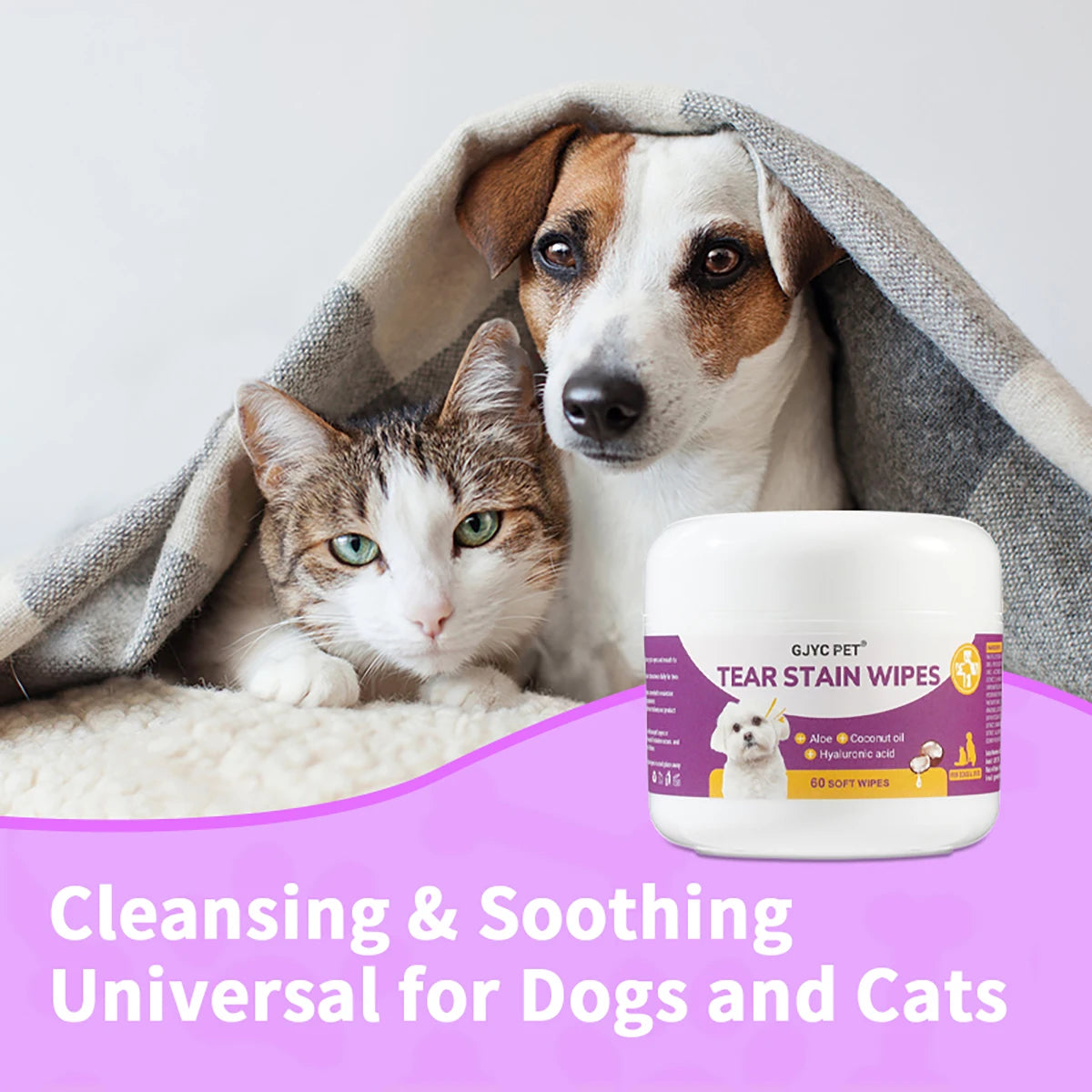 A package of Gentle Pet Tear Stain Wipes for dogs and cats shown next to a dog and a cat.