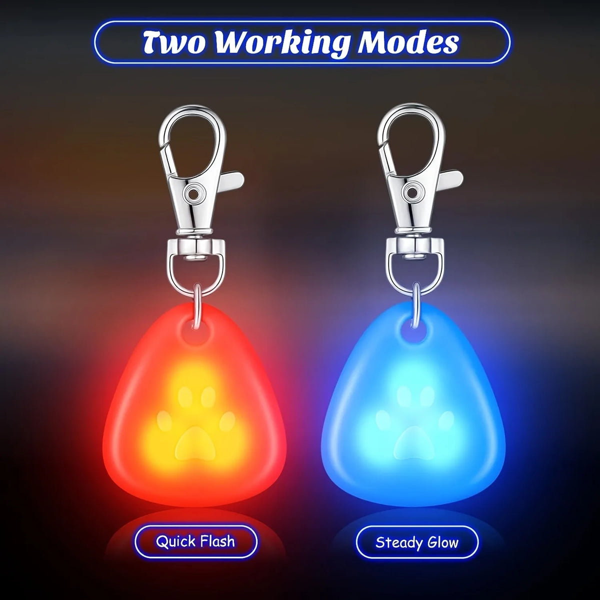 Two working modes of a waterproof LED pet collar light showing quick flash and steady glow on an orange and blue pet tag.