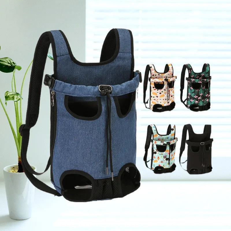 A dark blue adjustable backpack carrier for cats and dogs displayed next to several patterned carriers.