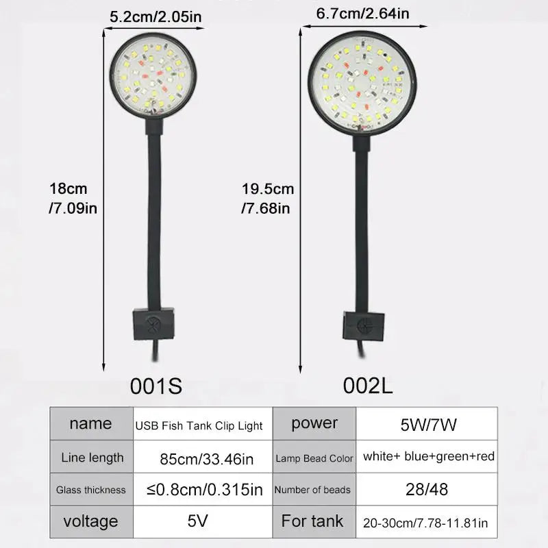 USB clip-on LED aquarium light with multiple modes shown in a vertical format.