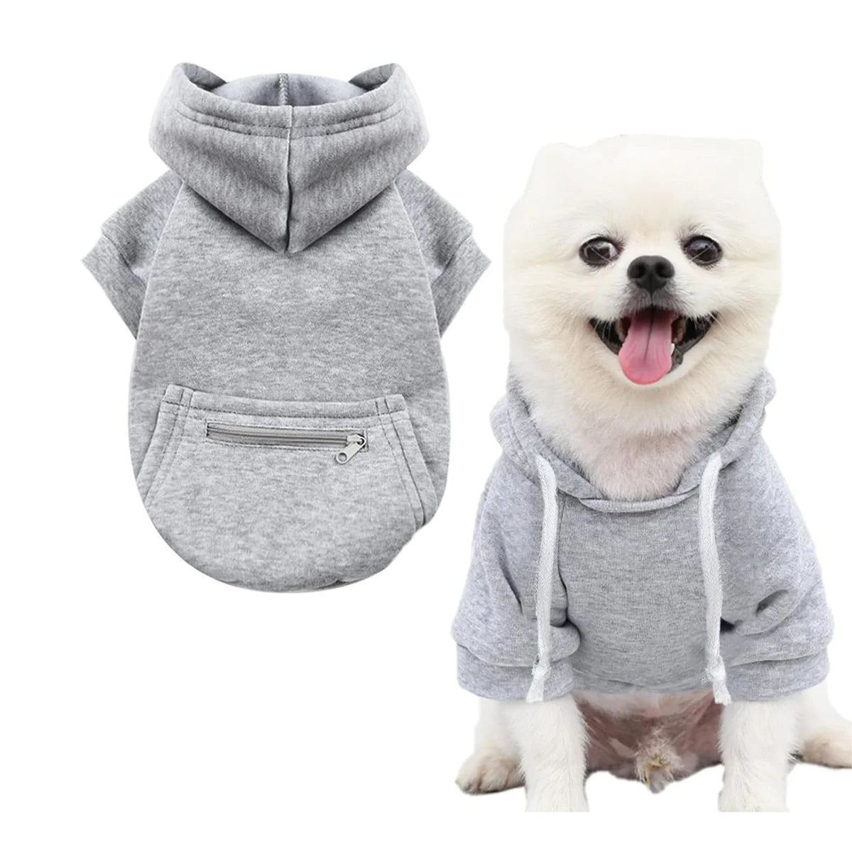 A gray zippered hoodie for a dog or cat, shown flat and worn by a white fluffy dog.