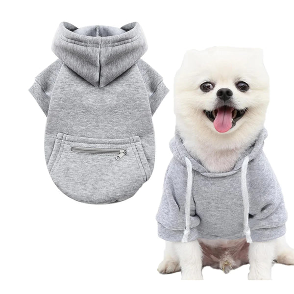 A gray zippered hoodie for a dog or cat, shown flat and worn by a white fluffy dog.