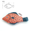 An orange fish plush toy with black spots and blue accents, shown next to a diagram of its size.