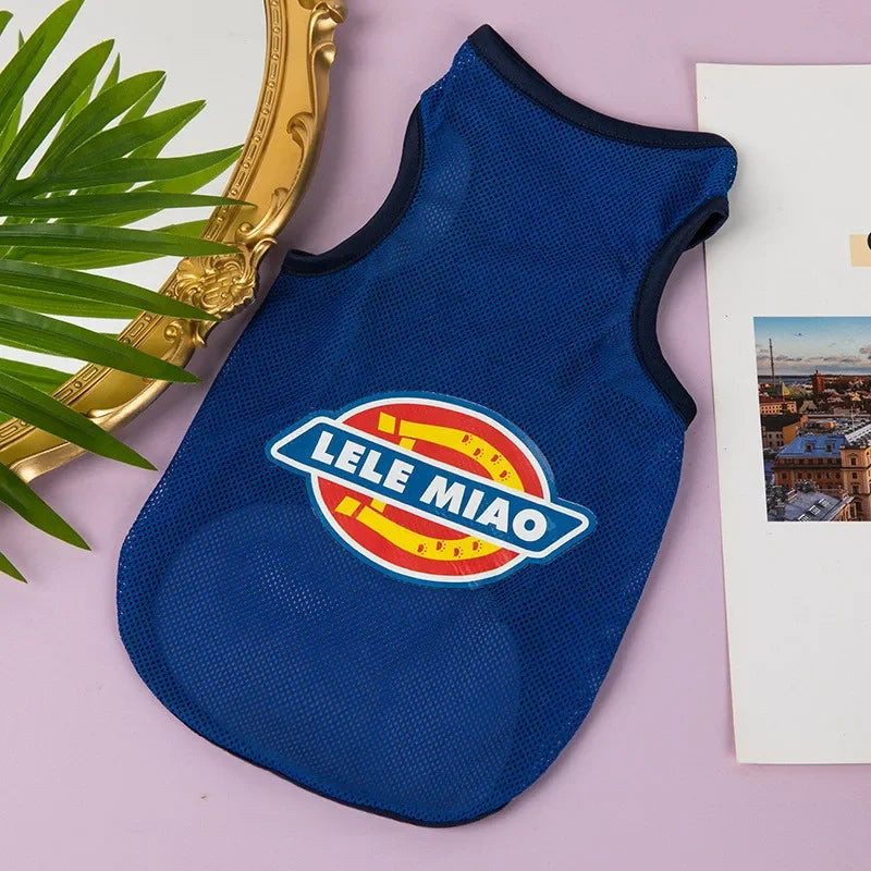 A royal blue breathable mesh pet vest featuring a circular logo with the text LELE MIAO on it.