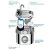 Stainless steel pet water fountain featuring an ergonomic buckle, pump holder, activated carbon filter, and a viewable window
