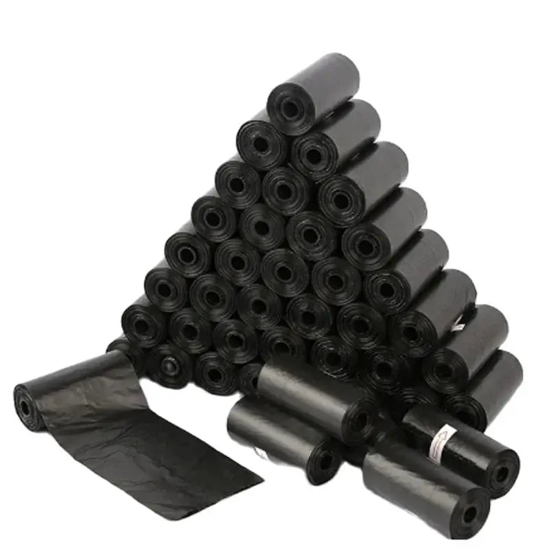 A bundle of black biodegradable dog poop bags with an easy-tear design.