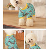 A fluffy white dog wearing a teal patterned soft cotton pajama top and bottoms.